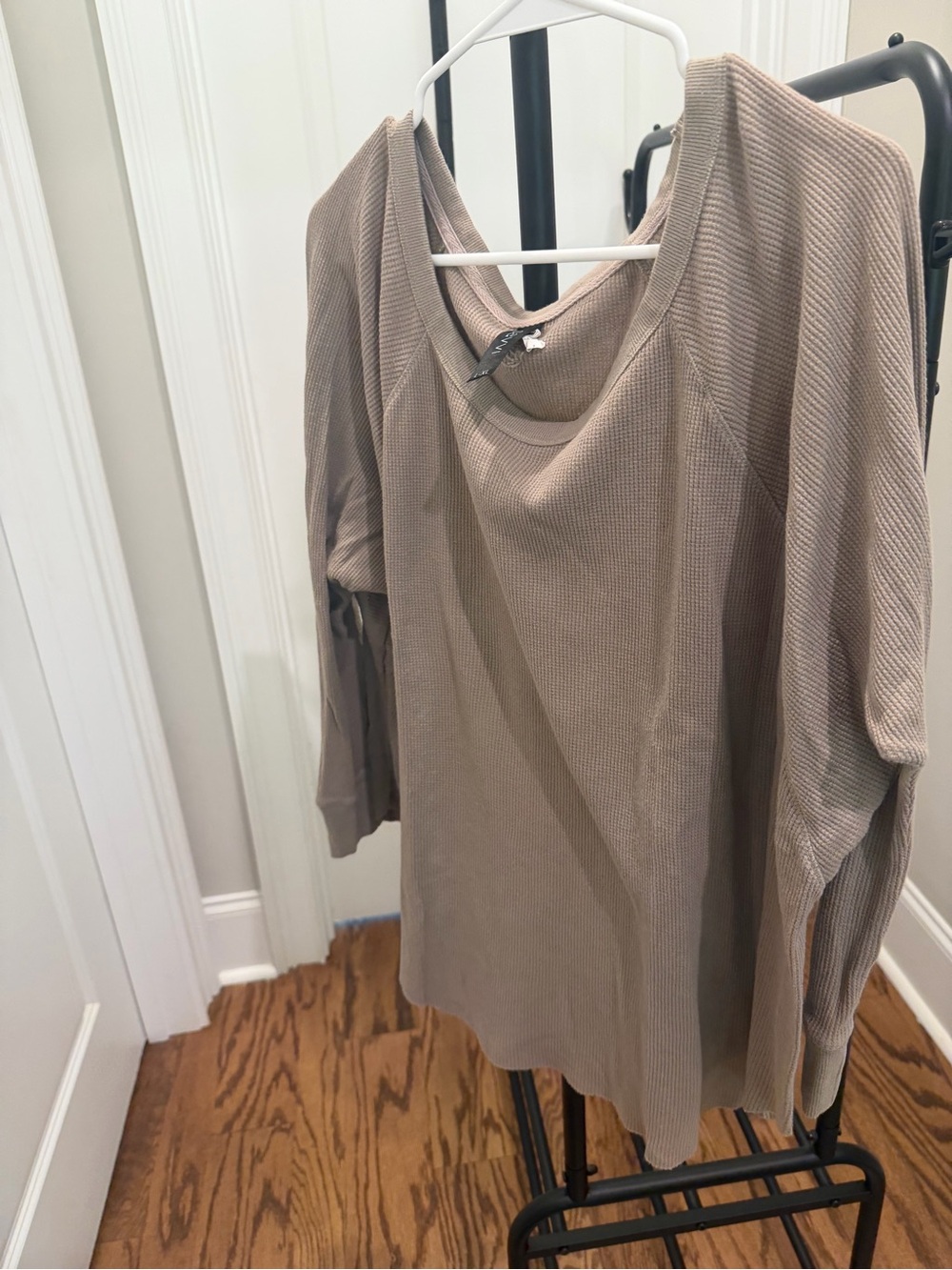 Relaxed Taupe Waffle-Knit Long Sleeve Top